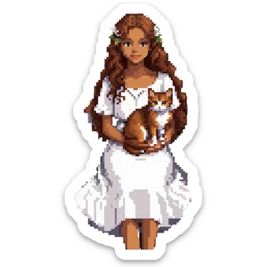 beautiful girl with curly long brown hair in a white dress holding an Abyssinian cat with reddish-brown fur, sitting on a swing sticker