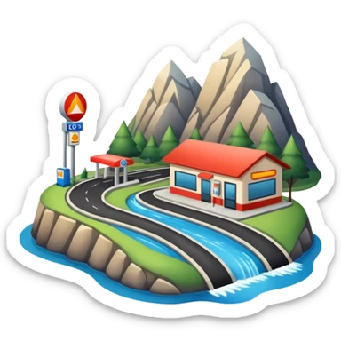 a road in a mountain with a river and a gas station sticker