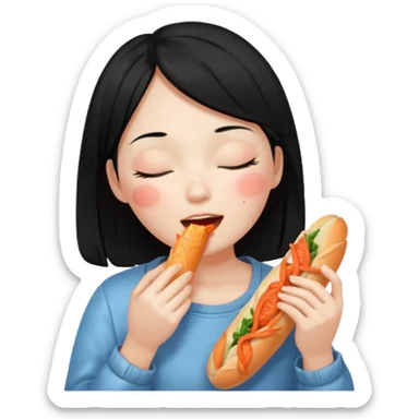 Girl black long hair eat kimchi close eyes baguette sticker