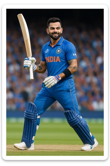 Virat Kohli, Indian cricket star, holding a bat, confident smile, blue cricket uniform, athletic build, dynamic stance sticker