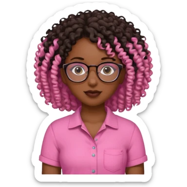 Black girl with curly hair with glasses wearing a pink shirt that’s cut on the side  sticker