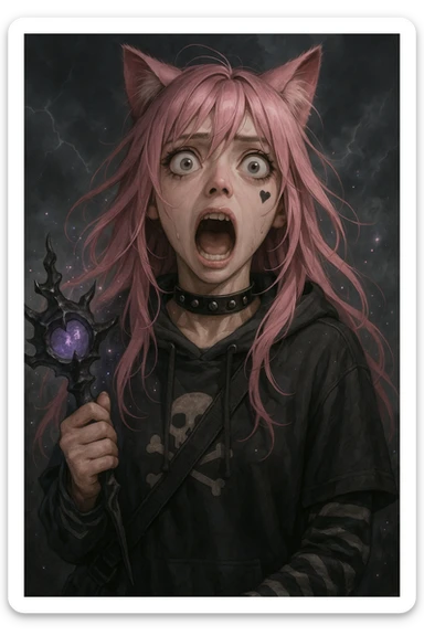 realistic anime catgirl with pink hair, emo streetwear, heart tattoo under left eye, dark magical accessory, sparkles, stormy background, classic horror movie scream face with mouth open, eyes wide in terror sticker