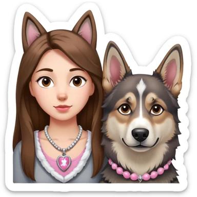 Girl with Brown long hair with husky white and grey and pink necklace for the husky and a german sheperd  sticker