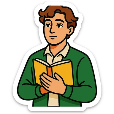 Calm and thoughtful male confidant, fair skin, soft wavy brown hair, gentle eyes, wearing a green cardigan over a light shirt, holding an open journal close to chest, waist-up, front-facing, pure background sticker