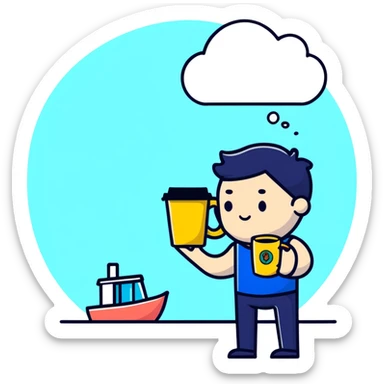 tired worker with coffee mug and thought bubble of beach sticker