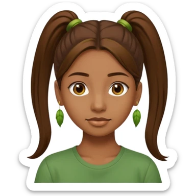 Make a zumba coach emoji, brown eyes, brown hair girl, green shirt withe "the roots" on it, longer pony tail hair sticker