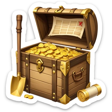 An icon showcasing a treasure chest filled with gold, a treasure map rolled up beside it, a backpack and shovel. The design captures the essence of treasure hunting, exploration, and excitement, set on a transparent background to emphasize the thrill of discovery. sticker