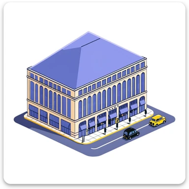 Isometric Marks & Spencer food hall building exterior with typical British architecture, covered entrance, and car park with black London taxi sticker