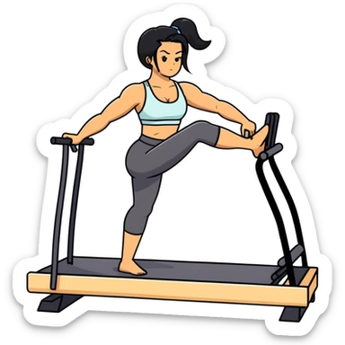 woman with tanned skin, long black hair, wearing a sports bra, doing Pilates on a reformer machine sticker