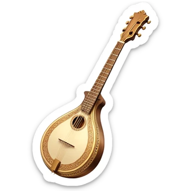 Bouzouki – Cinematic Realistic Bouzouki, depicted as a beautifully crafted Greek string instrument with a long neck and ornate fretwork, its polished wooden body reflecting warm golden light, set on a rustic background with soft shadows that evoke traditional Mediterranean music. sticker