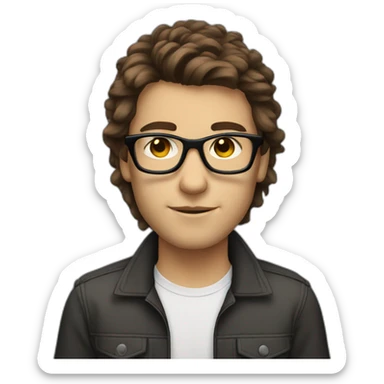 Young programmer, brown mullet hair, black glasses sticker