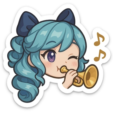 chibi style emote of Gwen from League of Legends, just the head, right eye purple, playing a trumpet, happy expression sticker