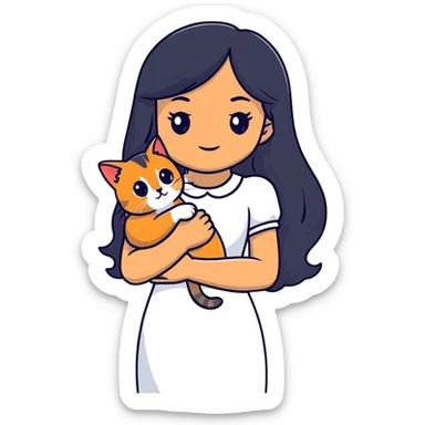 A beautiful girl with long black hair wearing a white dress holds an Abyssinian cat in her arms sticker