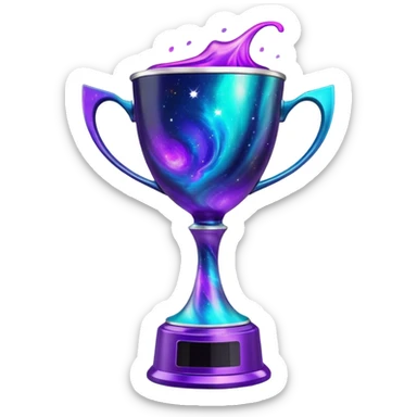 A futuristic alien trophy cup with swirling cosmic nebula colors, purple, blue and teal galaxy patterns sticker