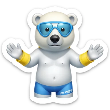 friendly anthropomorphised polar bear standing in a small puddle, wearing baggy board shorts, inflatable swimming armbands, scuba mask over eyes sticker