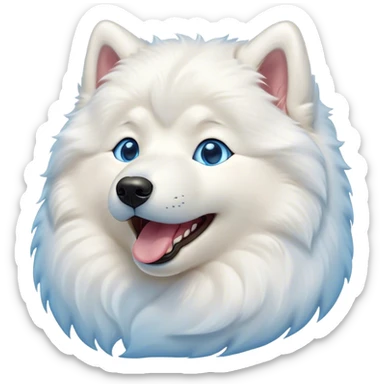 Cinematic Cute Yawning Samoyed Portrait Emoji, Head tilted slightly with a dramatic, wide-open yawn, showcasing a soft, fluffy white Fur with a gentle shimmer, floppy ears slightly drooping, round blue eyes barely open in drowsy contentment, Simplified yet irresistibly adorable features, highly detailed, glowing with a soft, cozy glow, high shine, relaxed yet expressive, stylized with a touch of whimsy, bright and endearing, soft glowing outline, capturing the essence of a sleepy yet affectionate companion, so drowsy it feels like it could stretch right out of the screen and curl up for a nap! sticker