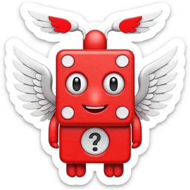 A blocky red creature with white wings and question marks on its eyes. sticker