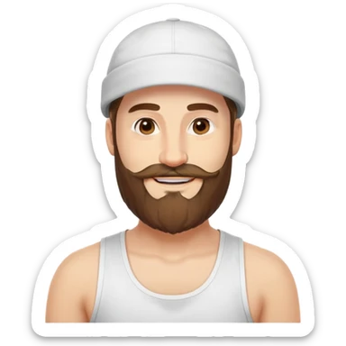 Alex Hormozi, white man with mid-long hair wearing a cap, big beard, smiling, white tank top sticker