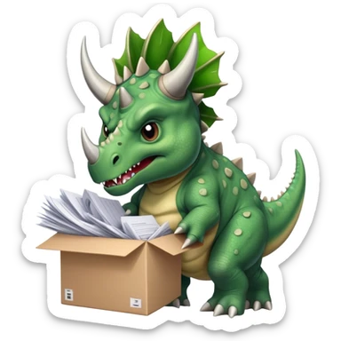 angry office triceratops holding a huge boxe bursting with a lot of documents and papers sticker