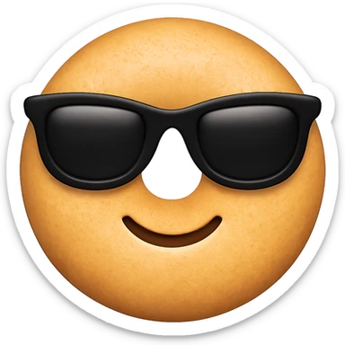 Make the dough a perfect circle with holes like a classic donut, add a textured surface, and use the same black sunglasses as the cool emoji on iPhone. Keep the background transparent. The style should resemble the iPhone emoji style with a clean and polished look. sticker
