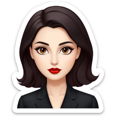 Elegant actress with luminous skin, elongated face, dark almond eyes with tasteful eyeliner, thick eyebrows, straight nose, red lips, voluminous dark hair with gentle waves, black professional attire, dignified confident pose sticker