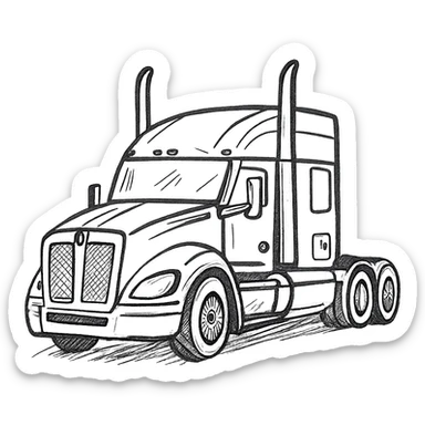 Make the 2026 Kenworth T680 Flattop truck look more hand drawn, with visible sketch lines and a loose, artistic feel, black with chrome stacks. sticker
