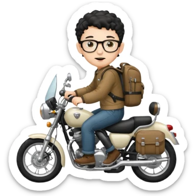 A young boy DEVELOPER WITH A backpack, black curly short hair, wearing glasses, a thin goatee, his skin is white, riding a motorcycle sticker