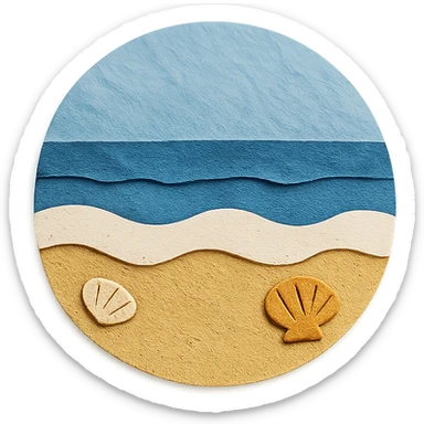 view of the ocean from the beach with sand, shells, and gentle waves, blue and white sticker