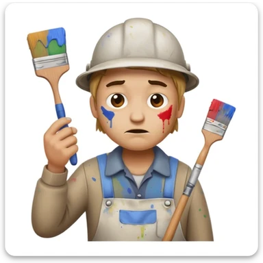 clumsy amateur house painter emoji wearing old dirty clothes with paint stains, no protective gear or hat, holding a broken paintbrush, looking confused or frustrated, paint splatters on face and hands, messy background sticker