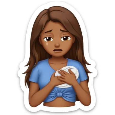 Crying women with long brown hair rubbing stomach with shirt on sticker
