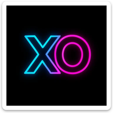 logo with 'X' and 'O' arranged creatively, neon blue and pink, black background, futuristic and eye-catching sticker