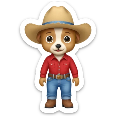 Steampunk a very cute and adorable anthropomorphic puppy with a cowboy hat ,red shirt and blue jeans and white boots is walking  sticker