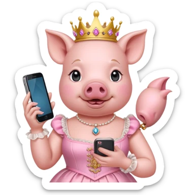 Pig princess in rococo finery holding a cell phone sticker