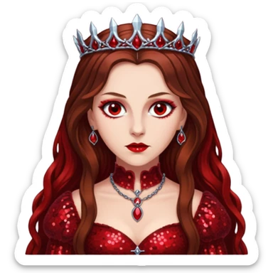 Countess Bathory with long brown hair, red sequin outfit sticker