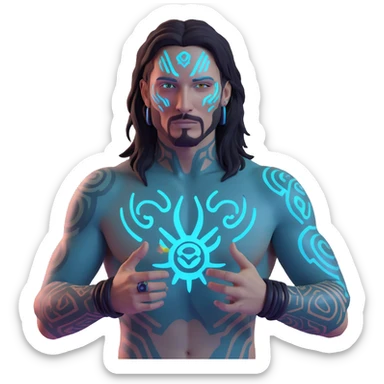 Add more cyberpunk details to Johnny Silverhand: glowing neon tattoos, cybernetic enhancements, holographic elements, and a futuristic cityscape background, keep the 3D emoji style, with no background. sticker