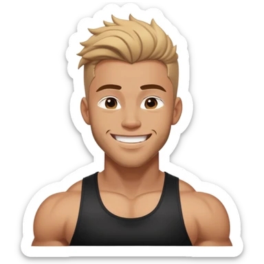 Its joshua seventeen with big muscles and black tank top, the hair is down and kinda wet, and the facial is smiling  sticker