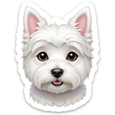 Cinematic Cute West Highland White Terrier Portrait Emoji, Head tilted playfully and inquisitively, featuring a fluffy, immaculate white coat with perky ears, round, sparkling dark eyes filled with curiosity, Simplified yet irresistibly adorable features, highly detailed, glowing with a warm, friendly glow, high shine, affectionate and lively, stylized with a touch of whimsy, bright and endearing, soft glowing outline, capturing the essence of a mischievous yet loving pup, so playful it feels like it could bound out of the screen and into your arms! sticker