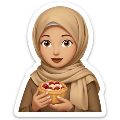 a woman wearing a pashmina hijab is eating sticker