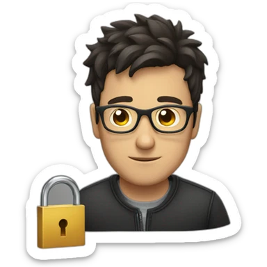 dark-short-haired man with glasses struggling to fit a key into a lock sticker