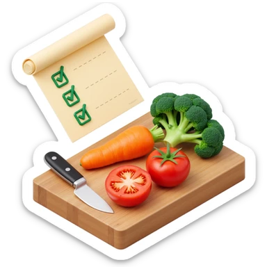 carrot tomato brocoli on the wooden cutting board with floating rolled paper list with green checkboxes sticker