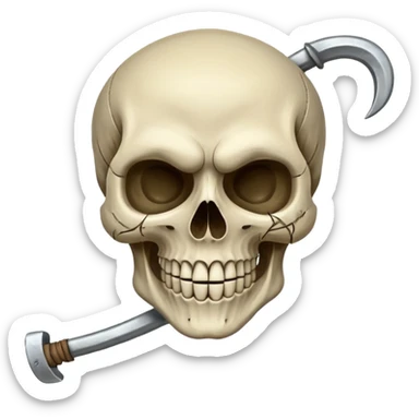 A laughing skull with a scythe crossed behind it, one eye socket winking. Clean, stylized lines, flat vector. Medieval woodcut style. Black and white with one accent color (tarnished silver). No background. sticker