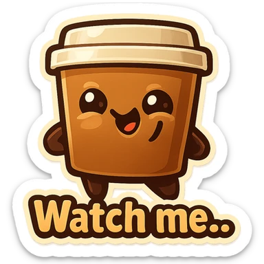 Tall coffee cup, giggling, mischievous eyes, "Watch me..." sticker