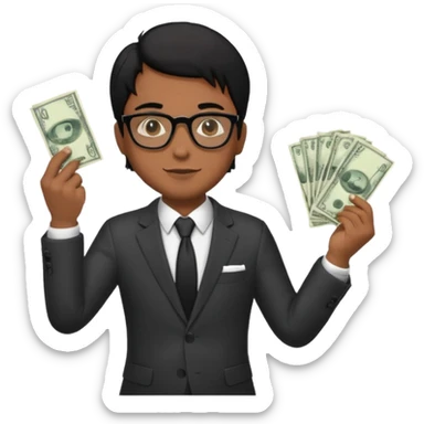 Rich man holding money with his left hand, wearing suit and glasses black hair, brown skin sticker