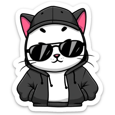 cat wearing a black snapback cap and black hoodie, with black sunglasses positioned low on his nose, winking one eye while looking directly at the viewer over the top of his sunglasses with a mischievous expression, doing graffiti with spray paint sticker
