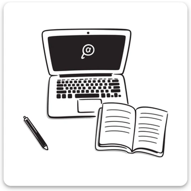 top view of a MacBook and a notebook with a pen nearby, notebook with visible notes sticker