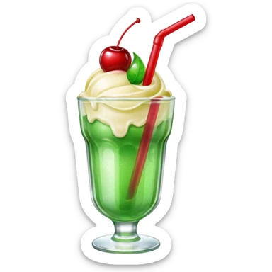 Create an emoji with a clear rounded glass, bright transparent green soda with fine bubbles, a smooth vanilla scoop, a glossy red cherry, and a red straw, using vibrant colors, soft shading, and clear glass highlights.
 sticker