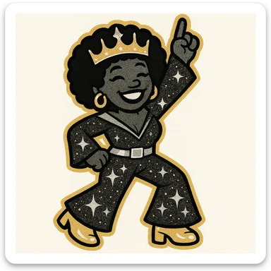 Create a 1970s disco emoji of a female African American with a full body, dancing, wearing a sparkling 70s style crown and matching disco outfit, with a joyful expression and afro hairstyle. Use only gold, silver, black, and white colors in a bold pop colors style. sticker