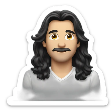 German man with long black hair and hairspray sticker