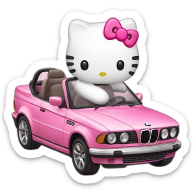Hello Kitty driving a pink BMW while drinking milk sticker