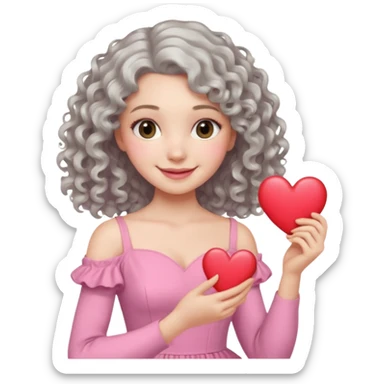 silvery curly/wavy shoulder-length hair smiling lady holding a heart but finer hair sticker